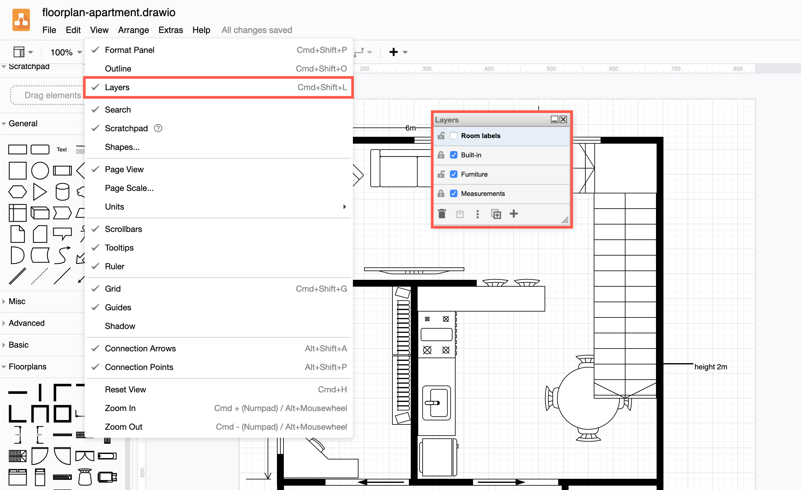 Use layers to separate the immoveable fixtures from the furniture in your floorplan