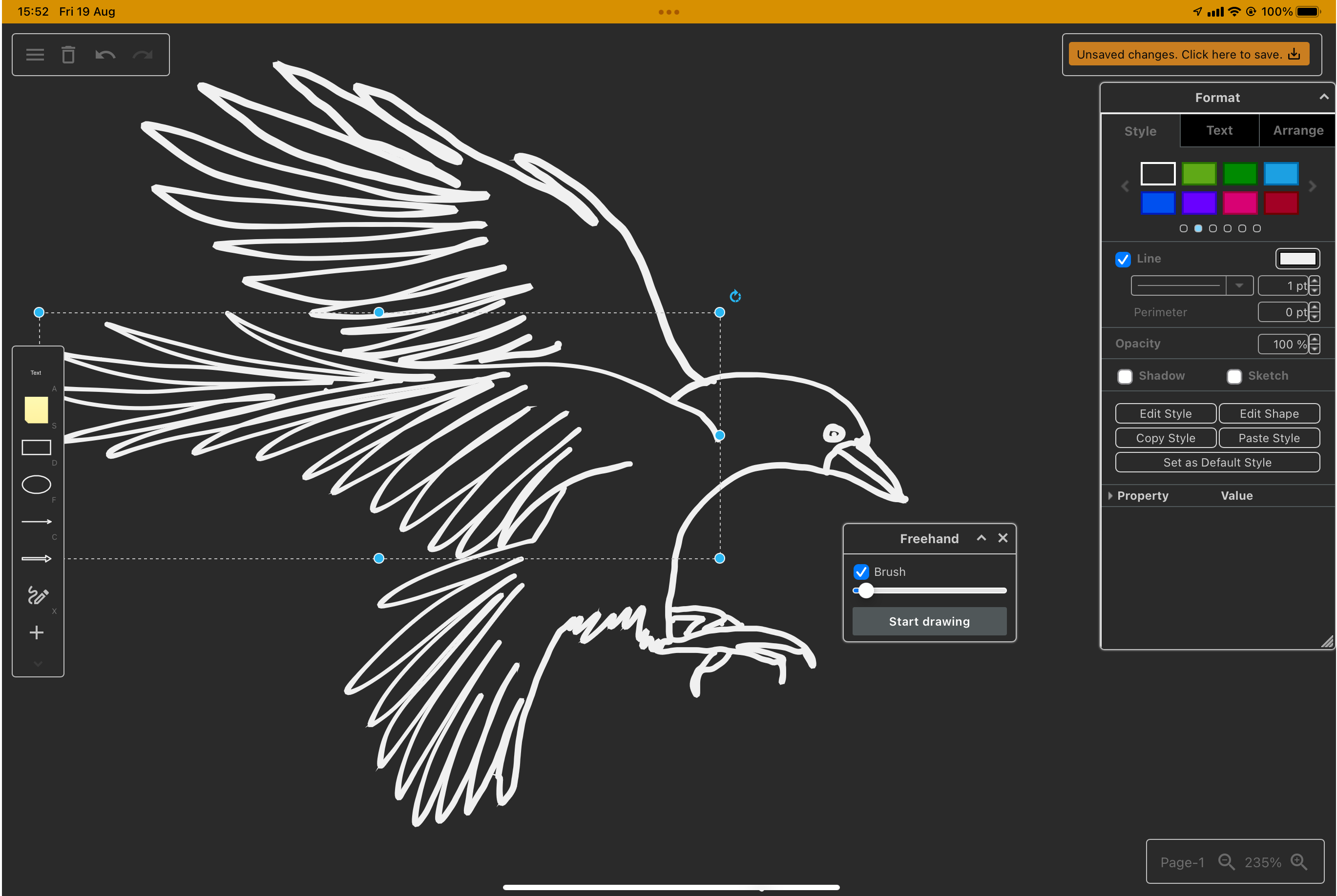 Freehand drawing in diagrams.net on a tablet - click the freehand tool in the toolbar on the left