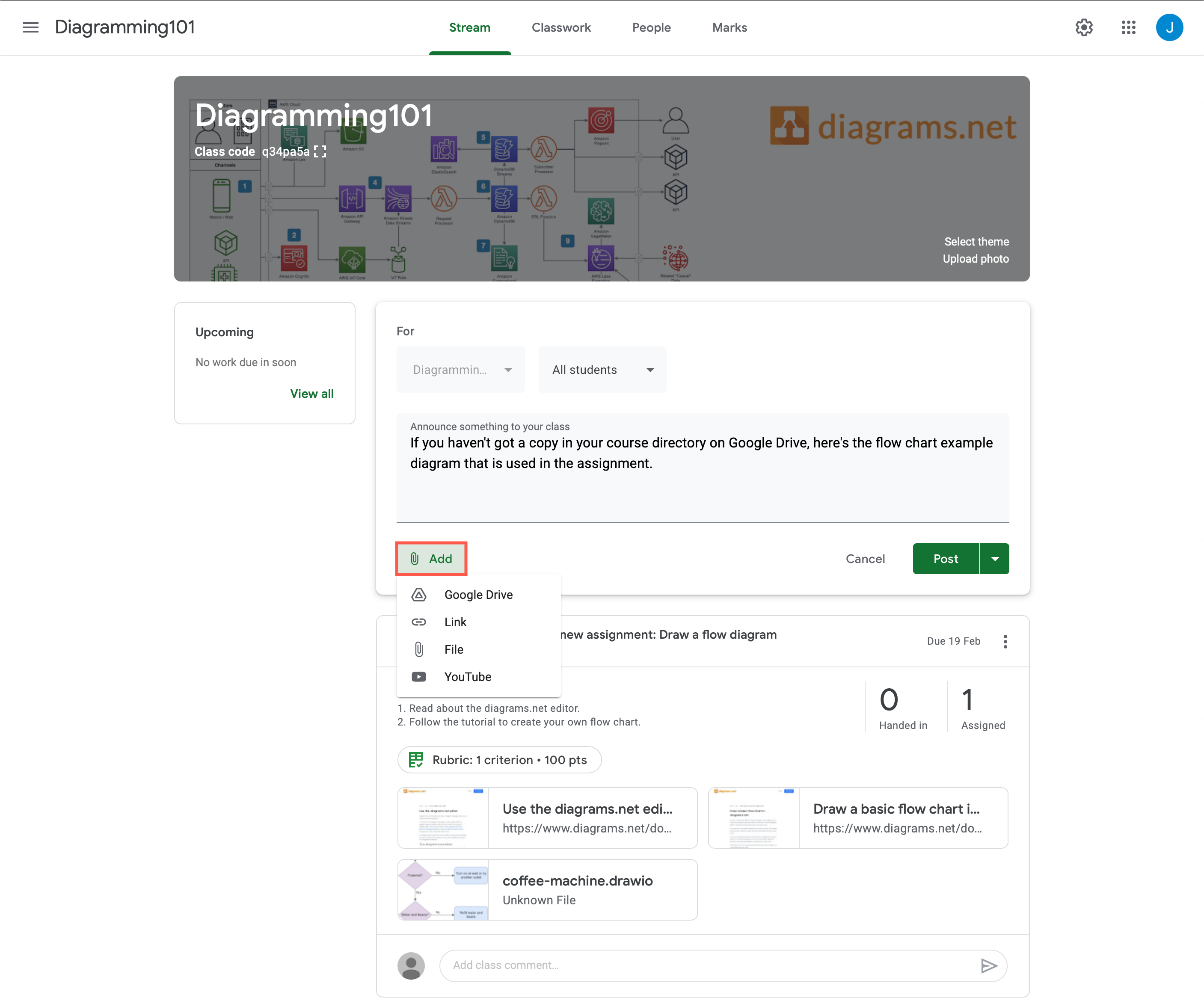 Attach a diagram file to an announcement in Google Classroom