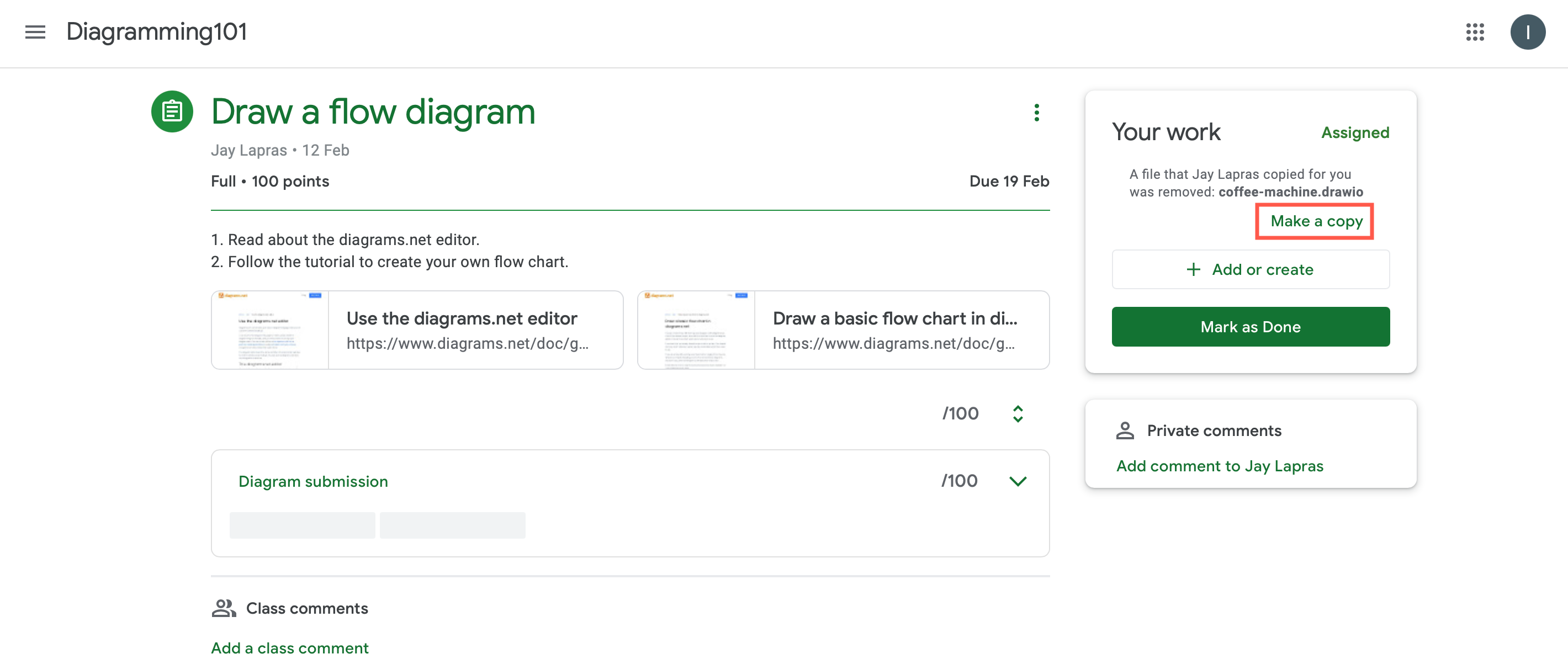 Students can restore the original assigned diagram file themselves, via their assignment in Google Classroom