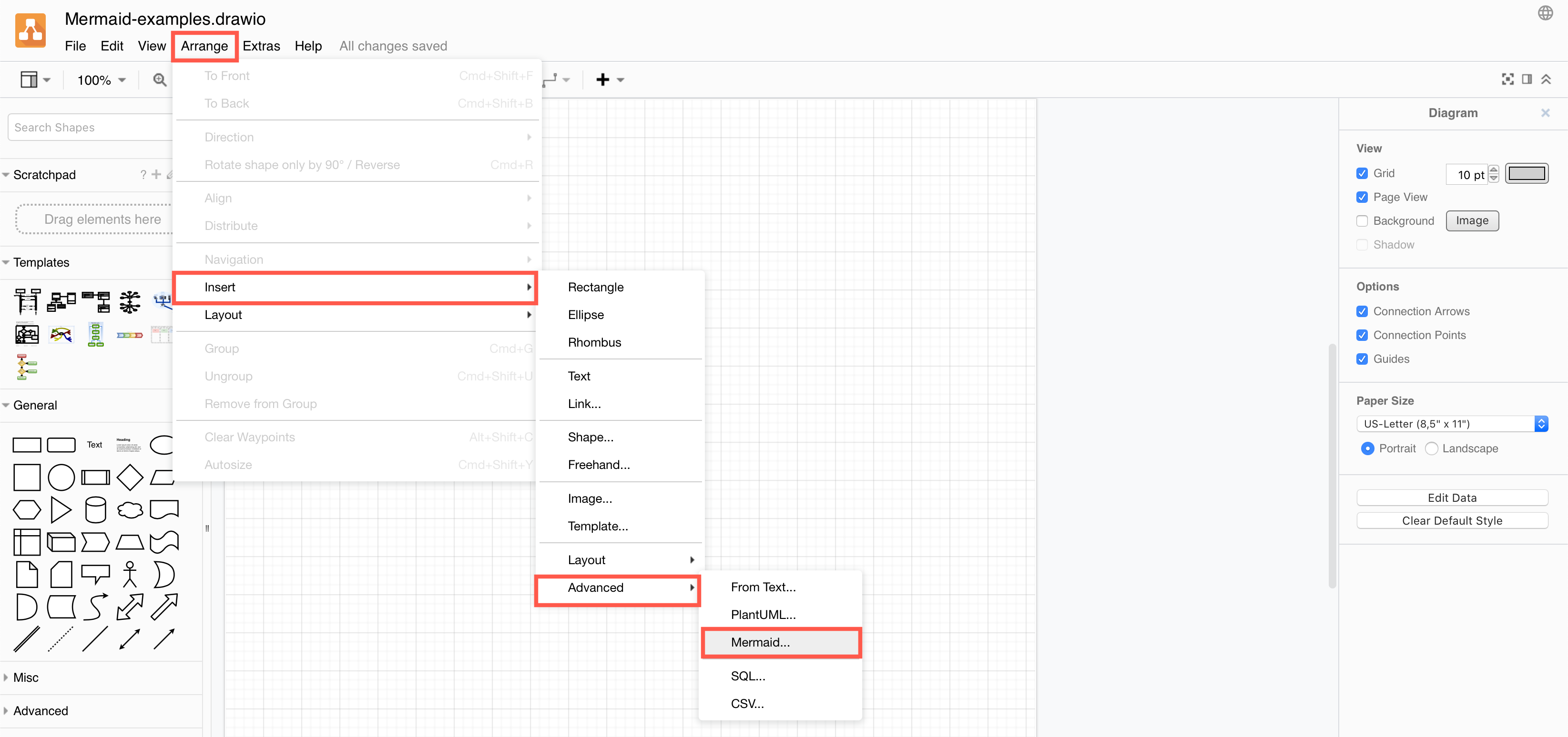 Click Arrange > Insert > Advanced > Mermaid to create a diagram from Mermaid Markdown-inspired code