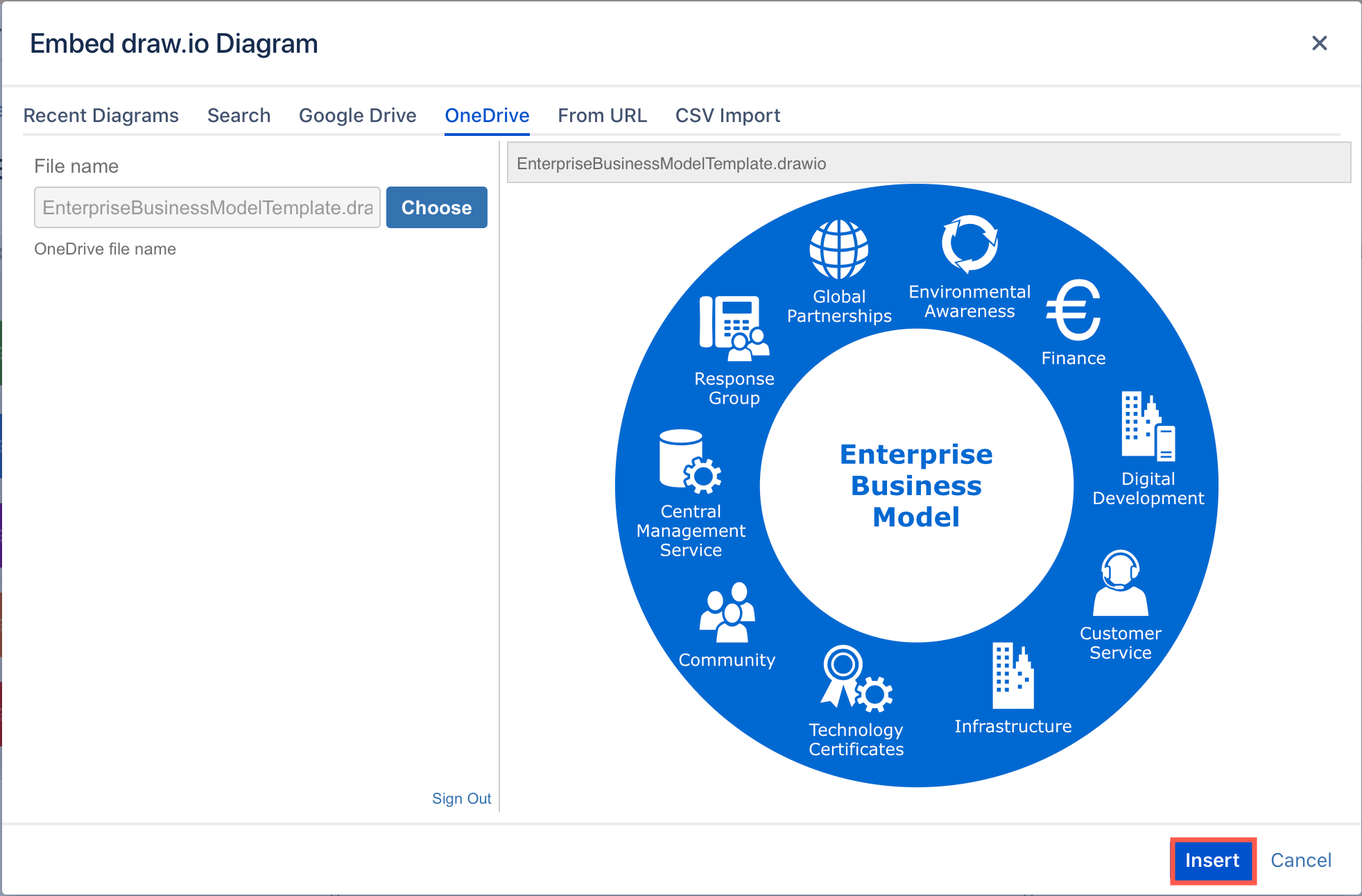 Click Insert to embed the diagram file from your Microsoft OneDrive into your Confluence Server page