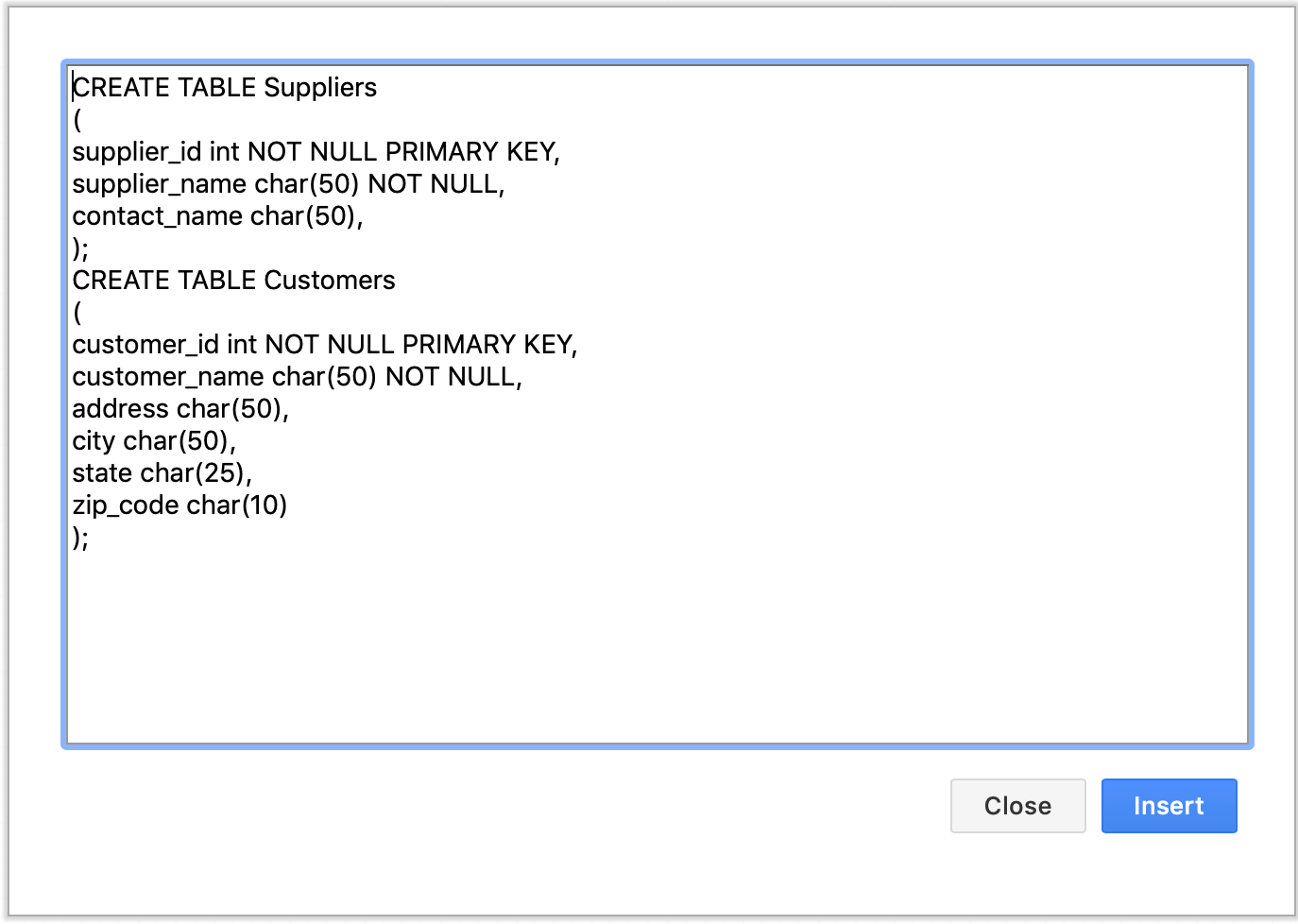 Insert SQL code then click Insert to create an ER diagram automatically