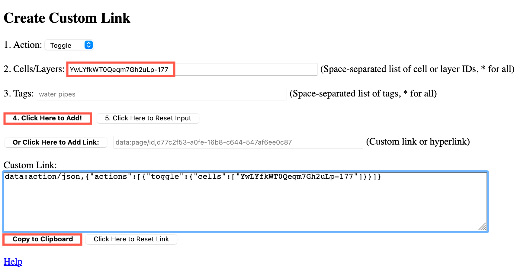 Paste the shape and layer IDs, generate the custom link, then copy it to the clipboard using this free tool