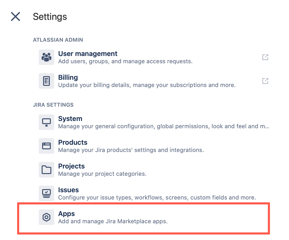 Settings menu on Jira Cloud