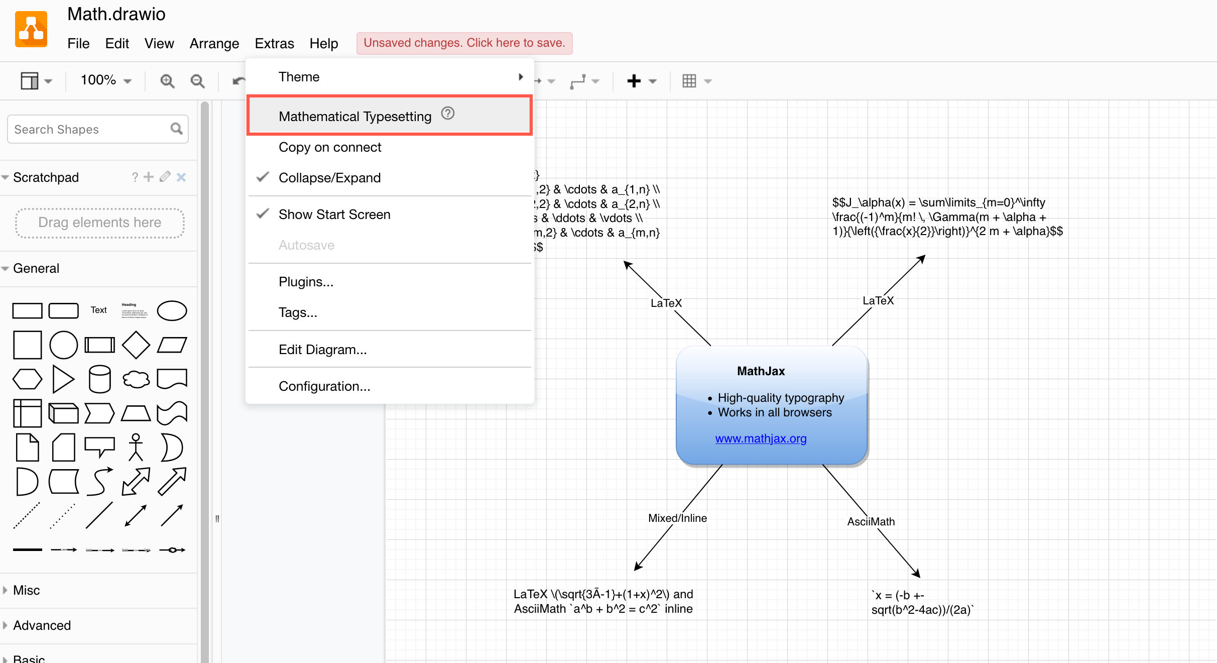 Click Extras > Mathematical Typesetting to render your equations in MathJax