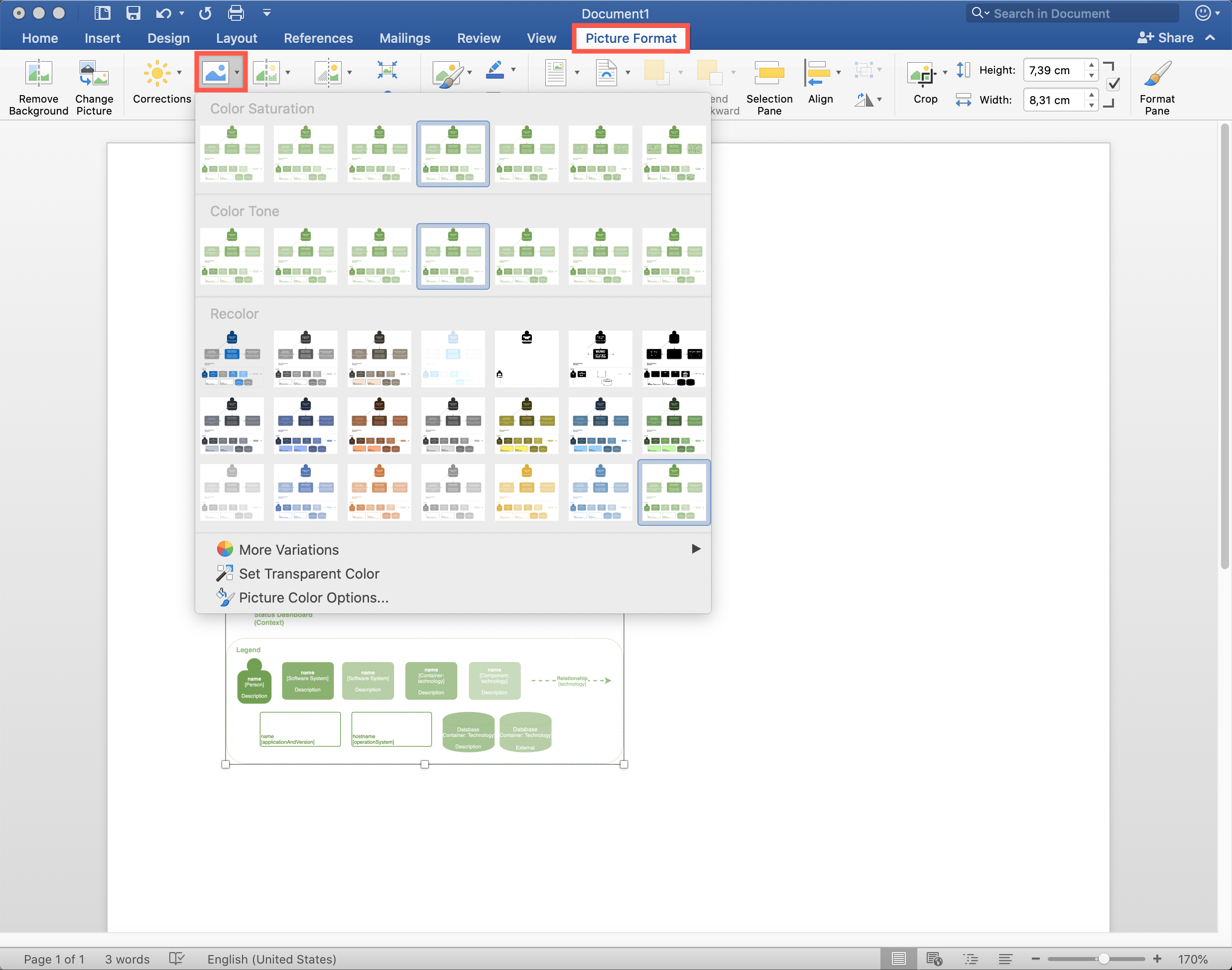 Use the Picture Format tools to edit the colours of your diagram without editing the diagram file itself