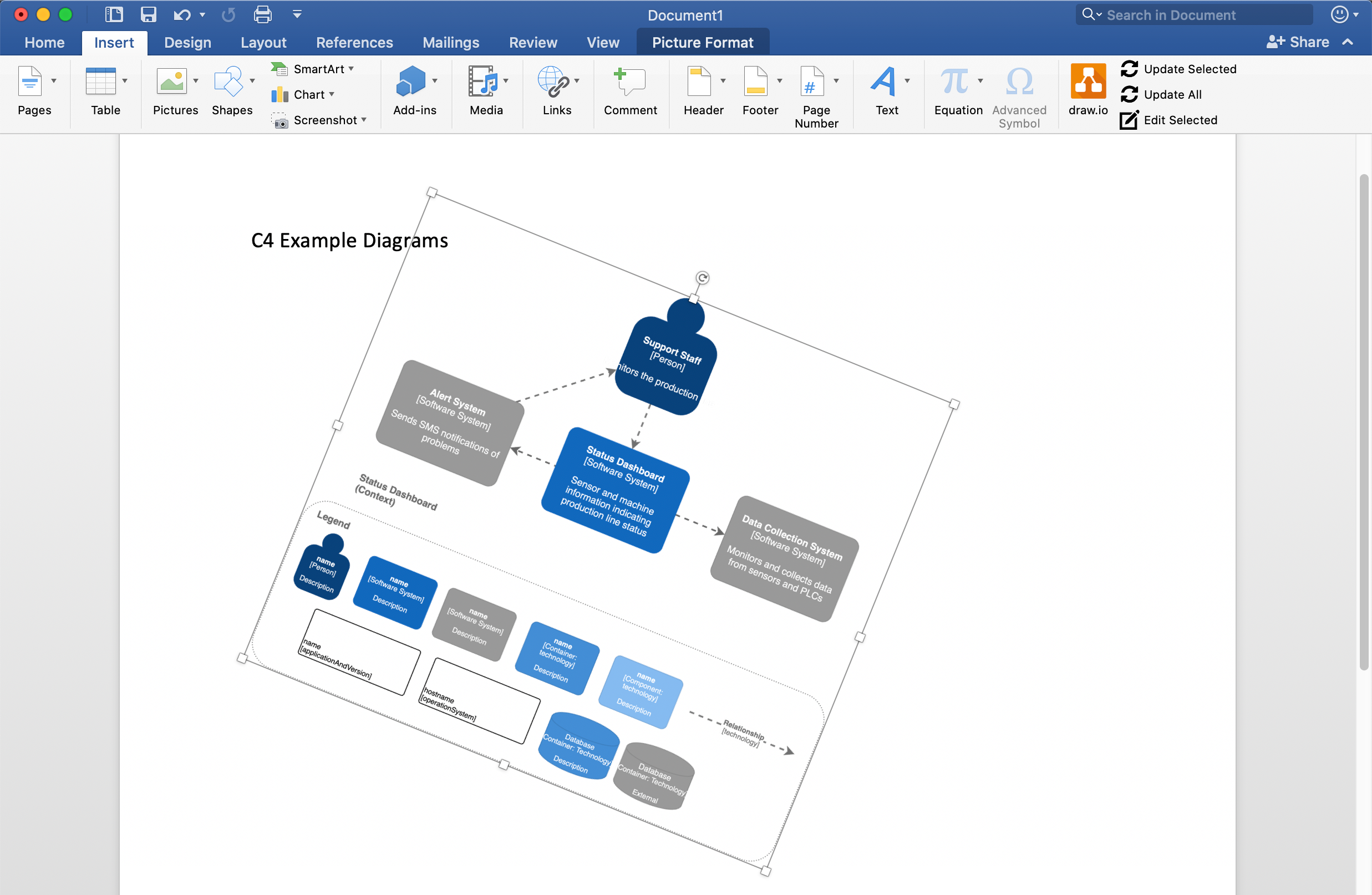 Use the grab handles on your selected diagram to resize and rotate your diagram in your document