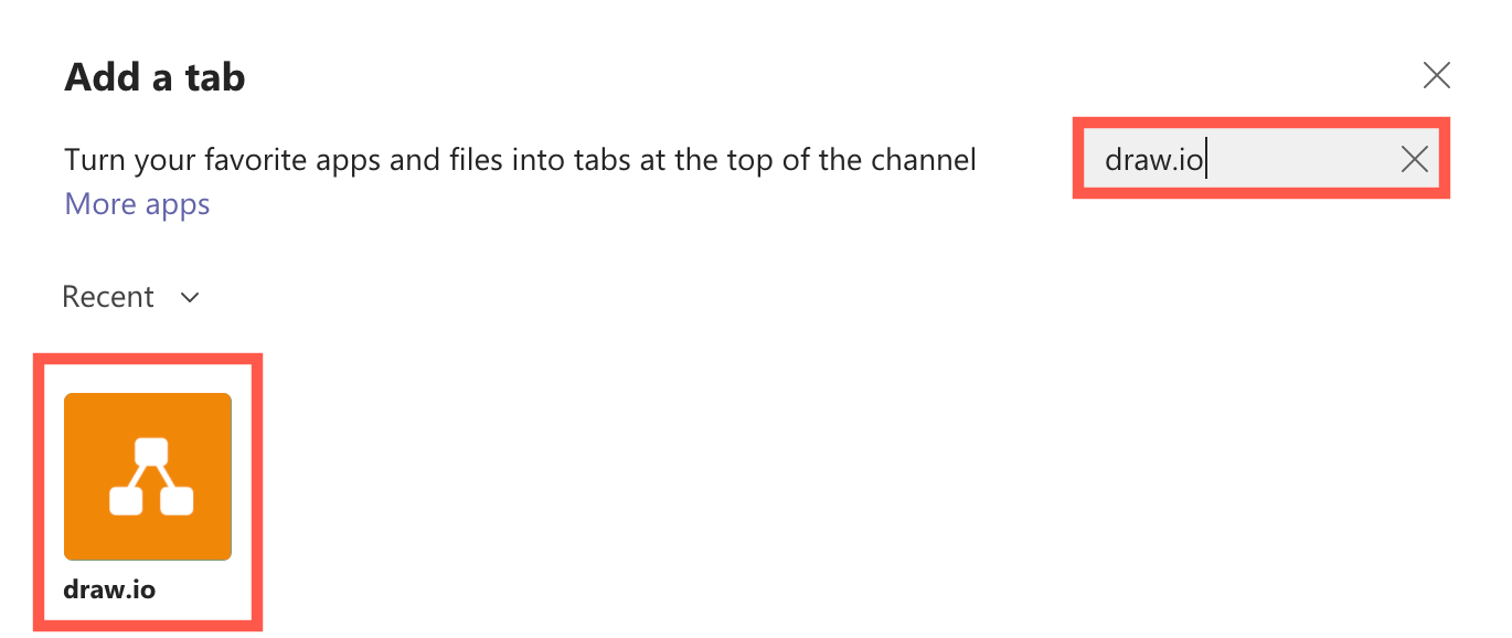 draw.io in Teams: Search for draw.io and click on the logo to add a diagram tab