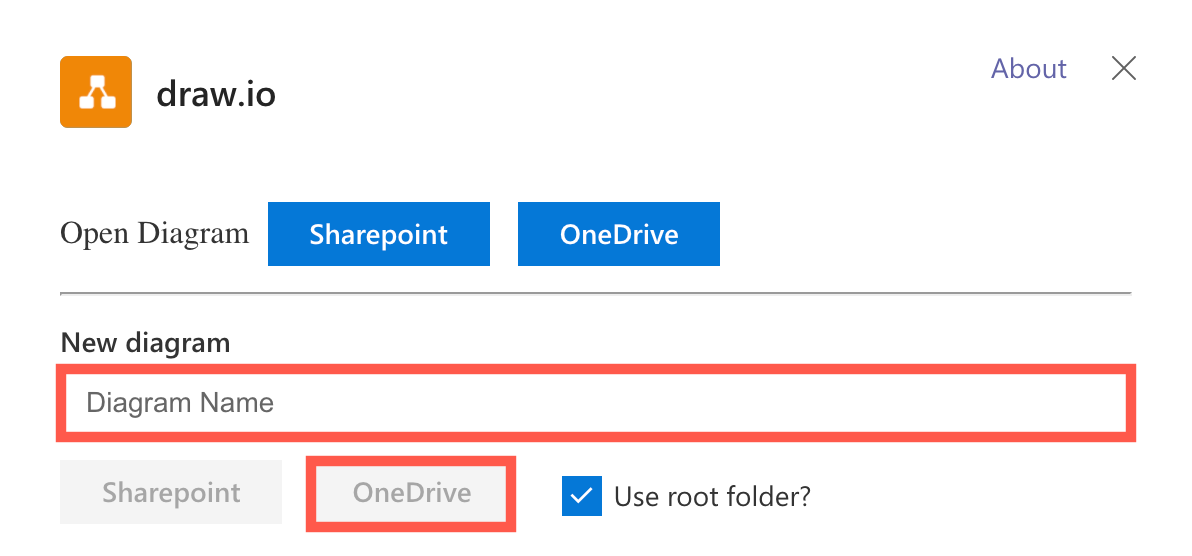 draw.io in Teams: Enter the name of your new diagram and then click where you want to save the diagram file