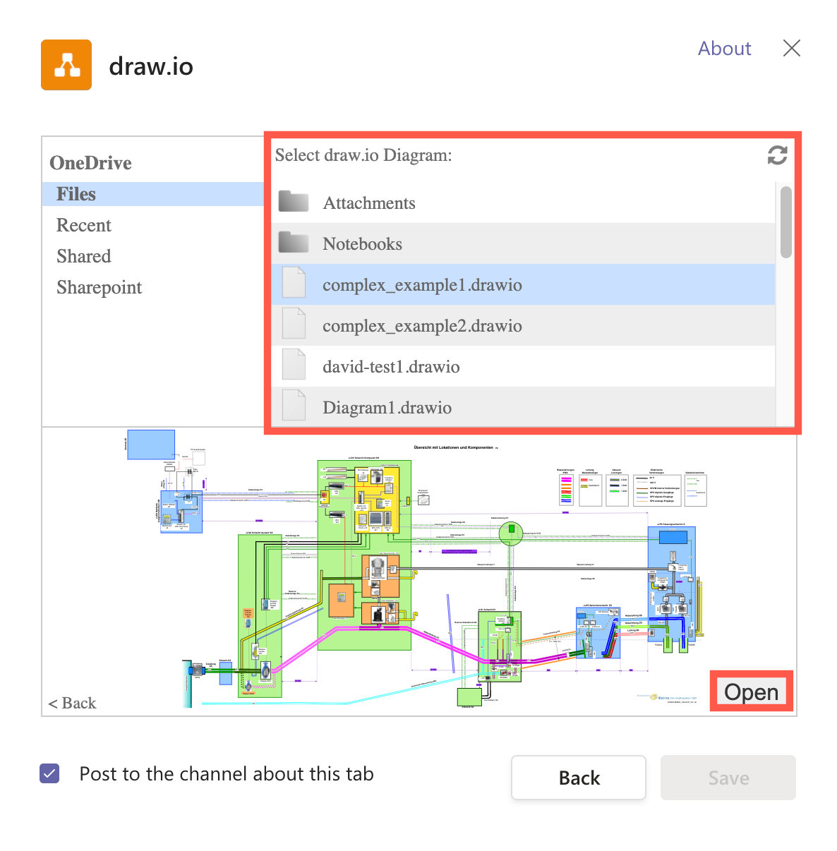 draw.io in Teams: Browse to the diagram file, select it, then click Open