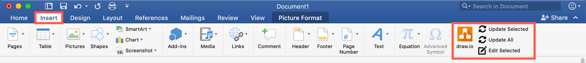 Updated the embedded diagrams after you have edited them in diagrams.net in Word via the draw.io add-in tools under the Insert tab on the ribbon