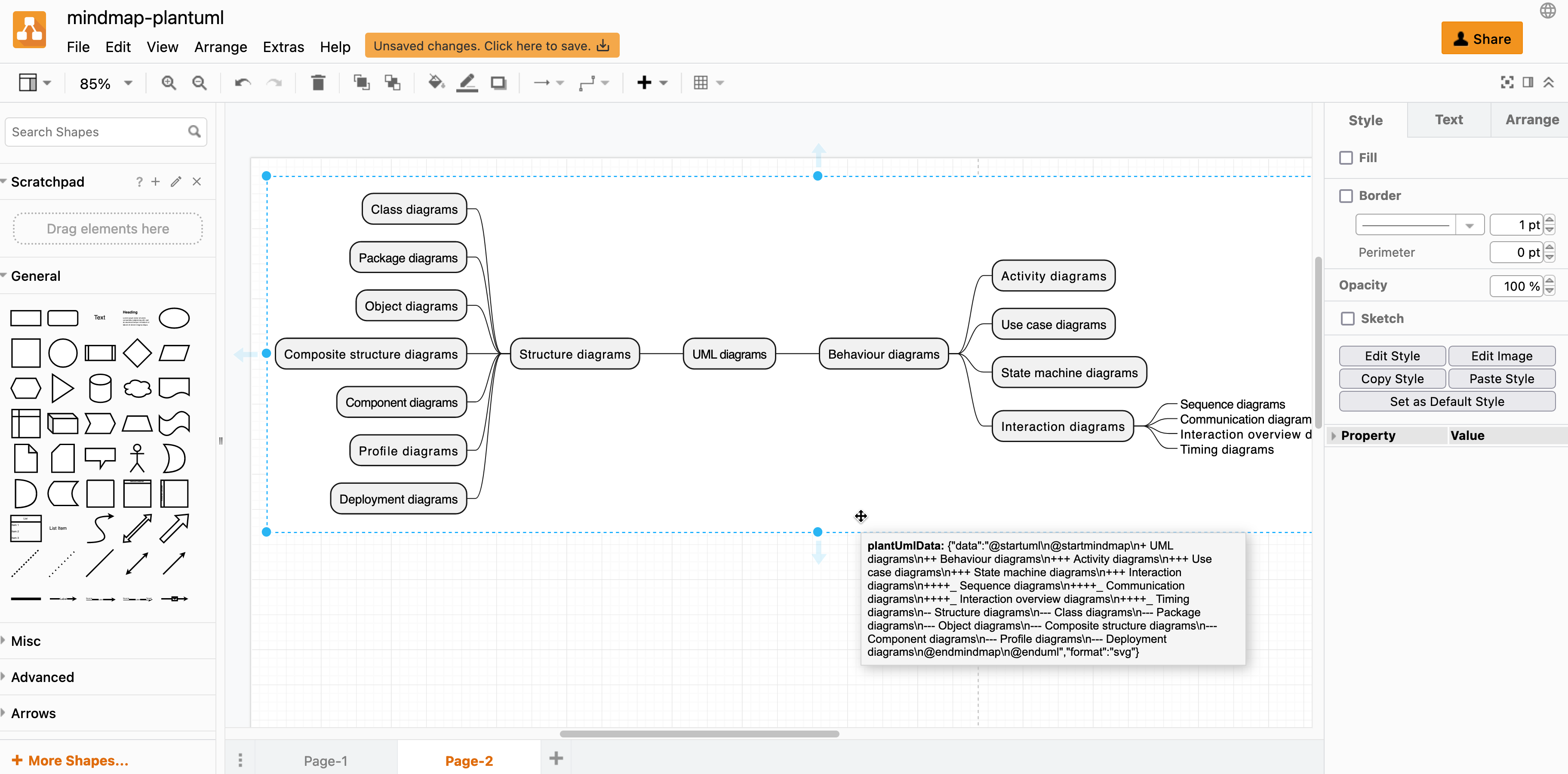 Generate a mindmap from text in diagrams.net by inserting PlantUML in arithmetic notation via Arrange > Insert > Advanced > PlantUML