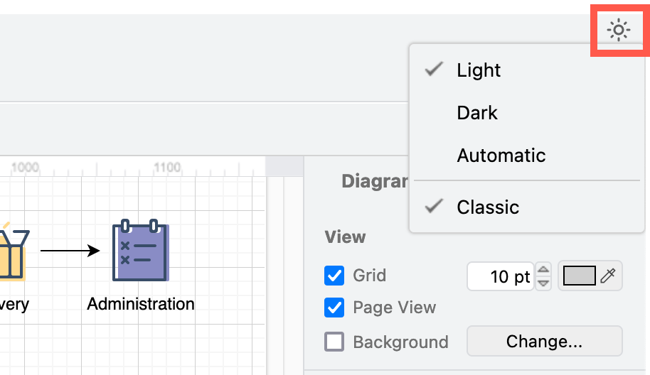 Click on the sun/moon in the top right and switch between classic mode (and the editor themes) and the modern mode, as well as between dark andlight modes