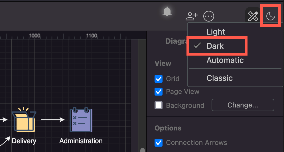 Click on the sun/moon in the diagrams.net modern mode toolbar and select Dark to switch the editor to dark mode