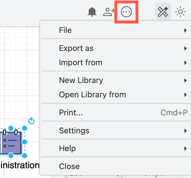 Click on the ... to open the menu in diagrams.net in modern mode