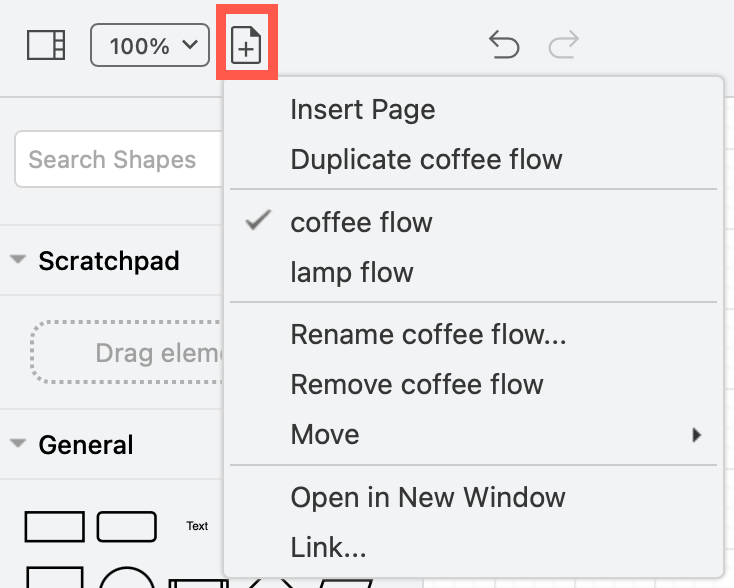 Work with multi-page diagrams via the Pages tool in the toolbar in modern mode in diagrams.net