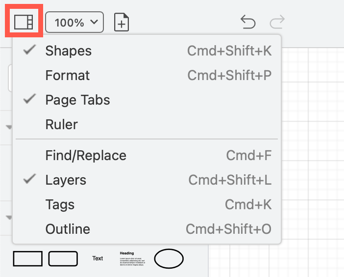 Hide or display panels and floating dialogs via the View tool on the toolbar in modern mode in diagrams.net