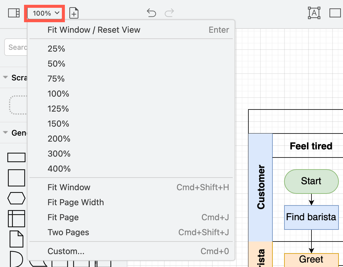 Change the zoom level via the drop down list on the toolbar in modern mode in diagrams.net