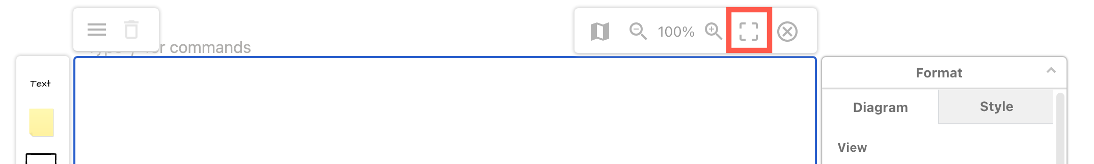 Click on the Fullscreen tool to expand the diagram editor's drawing canvas to take up the width of the page