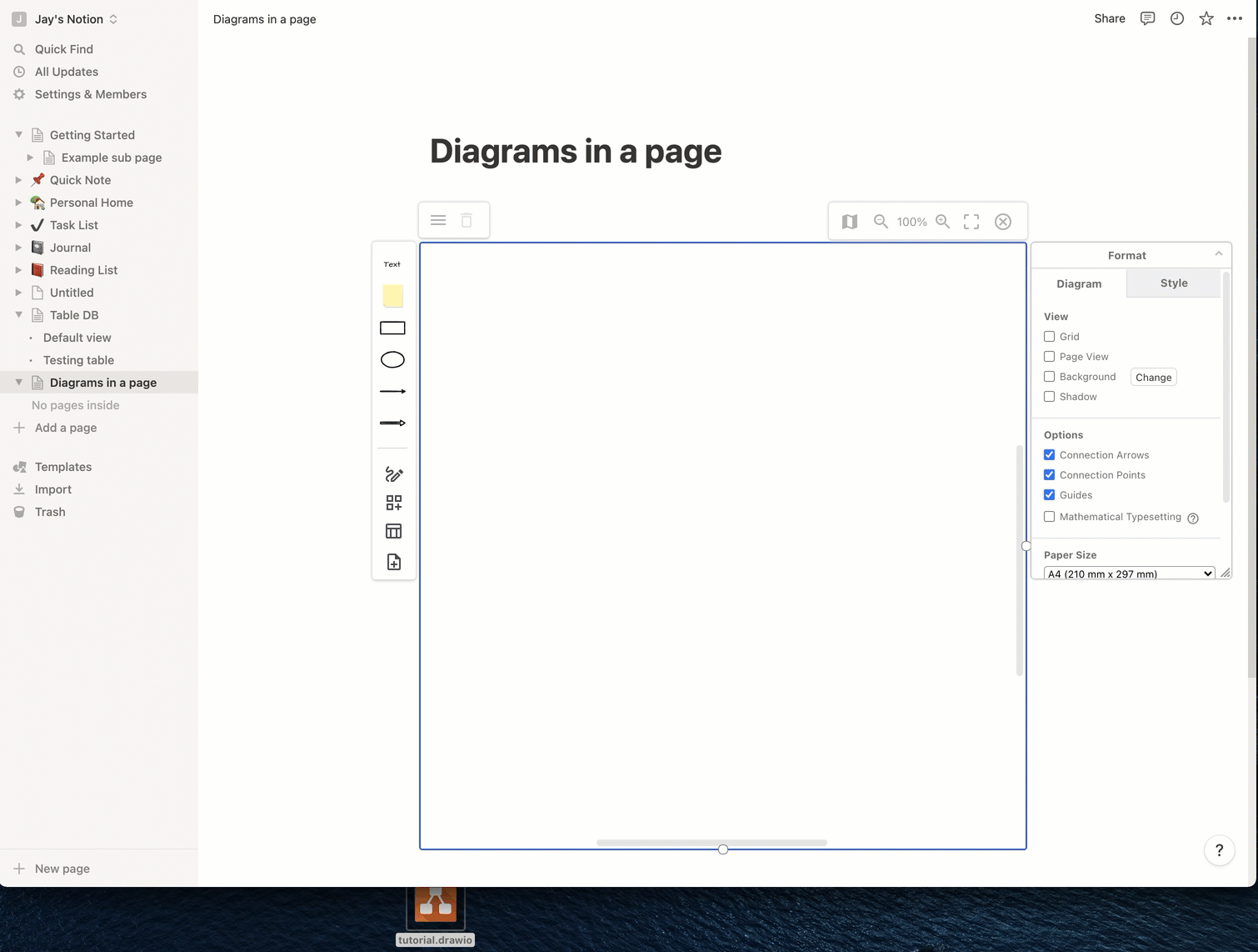 Import an existing diagram into Notion via the menu, or drag and drop the file into the drawing canvas