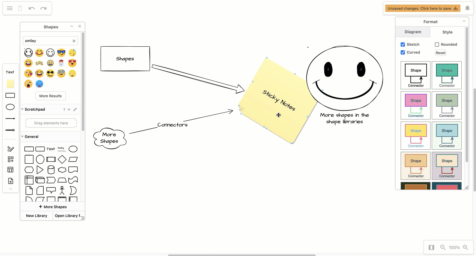 Format shapes, connectors and text with the floating Format panel in the sketch.diagrams.net online whiteboard