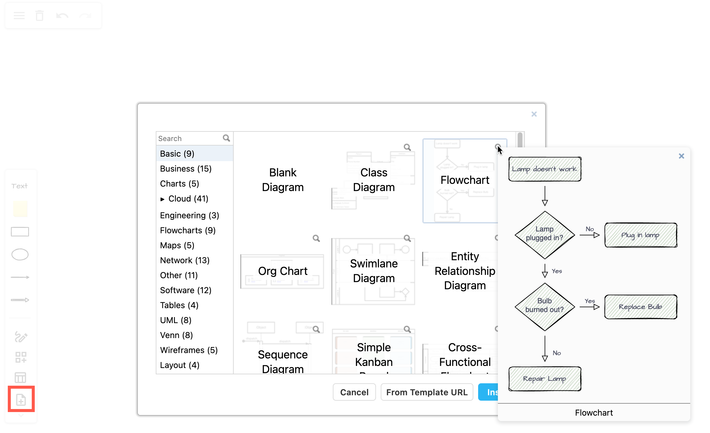 Preview a template from the large template library before adding it to your online whiteboard at sketch.diagrams.net