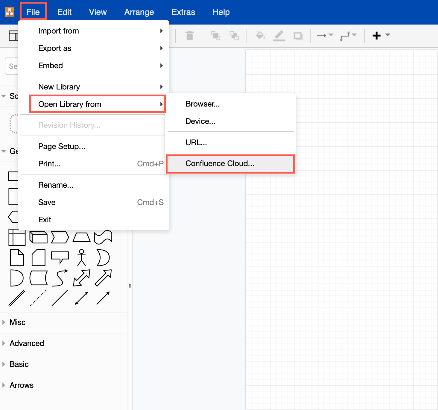 Open a draw.io custom library in Confluence Cloud