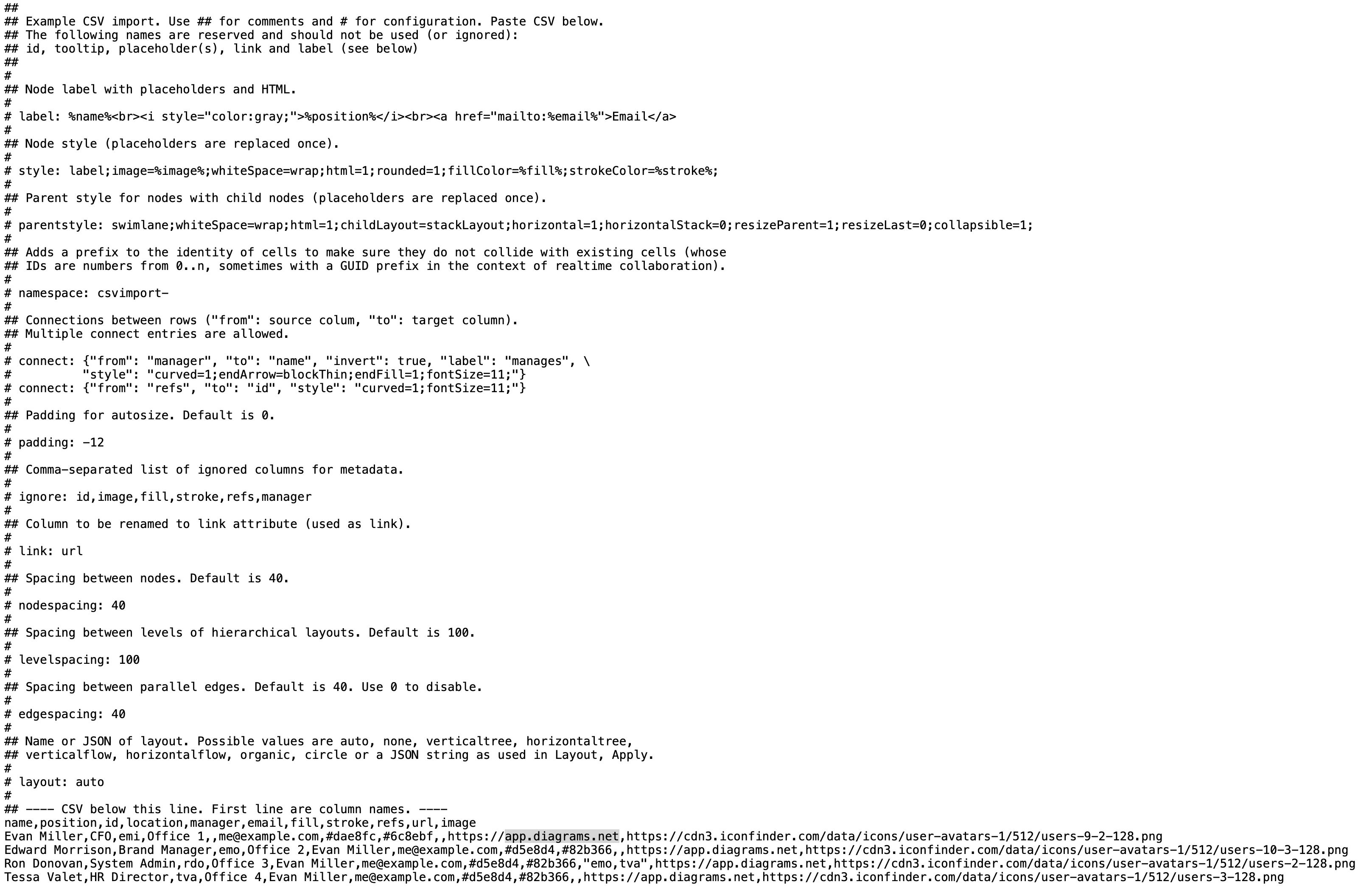 Configuration and CSV code for automatically creating an org chart in diagrams.net