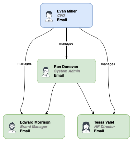 The org chart generated from the example formatting information and CSV data in the Arrange > Insert > Advanced > CSV dialog