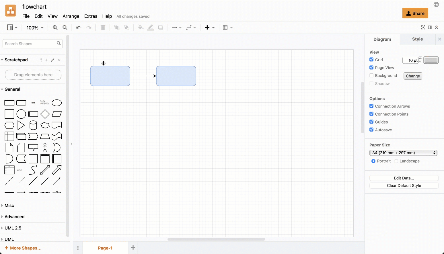 Select View > Page Scale from the menu in diagrams.net and draw.io to resize your diagram quickly