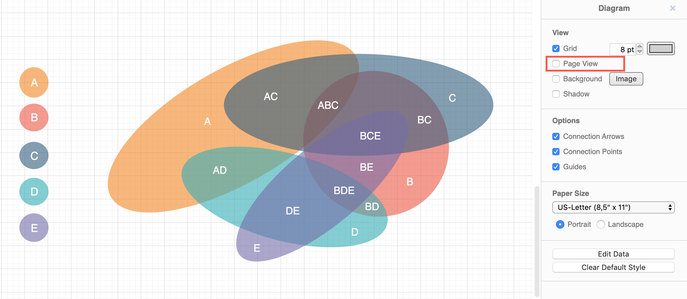 Deselect the Page view option to export a PDF cropped to the size of the diagram