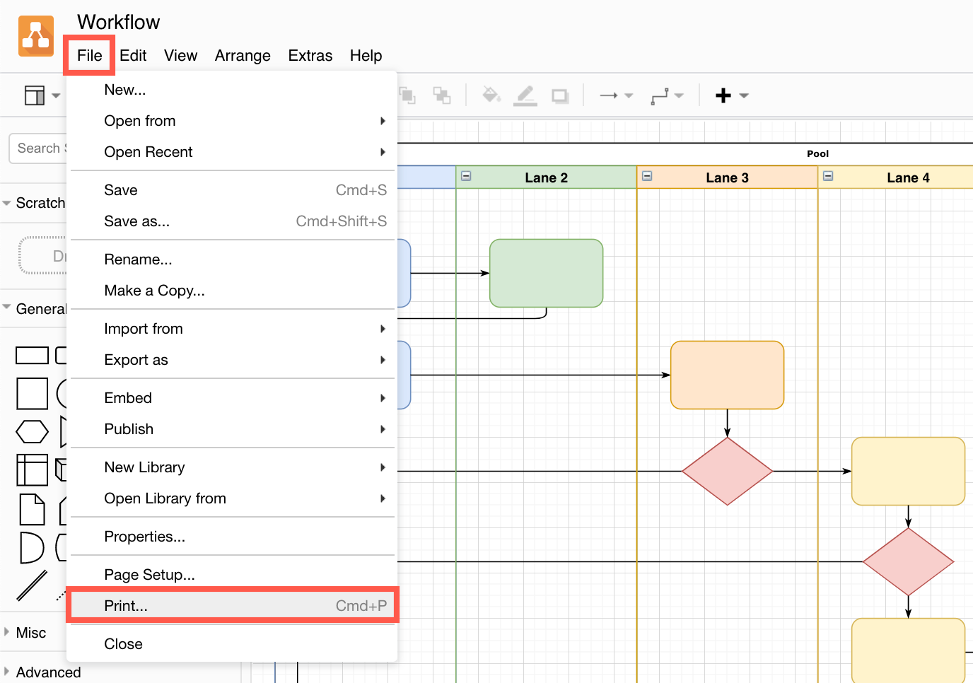 Open the print dialog in diagrams.net to print to a PDF file