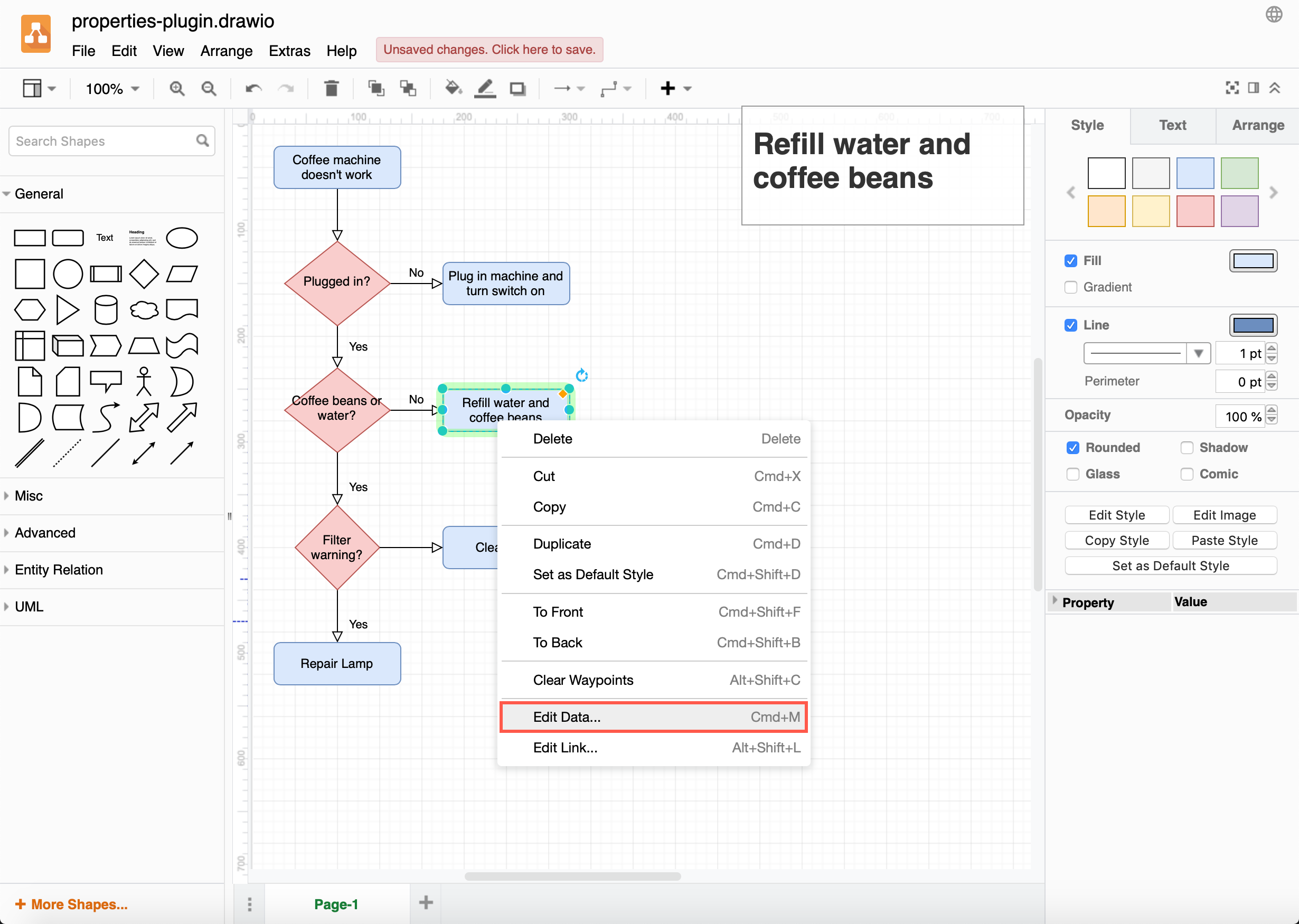 Right click on a shape, then select Edit Data to add a shape property