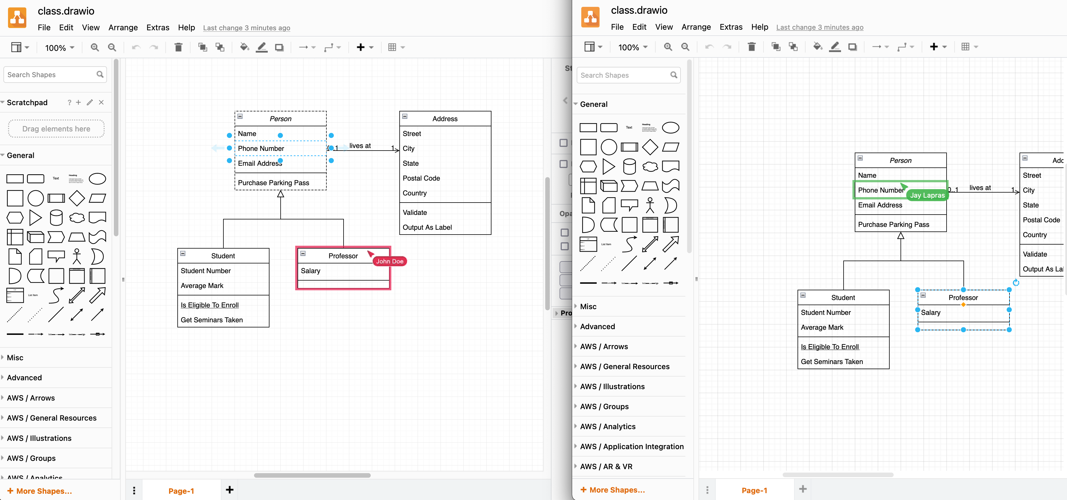 See how others edit and select parts of the diagram in real time in diagrams.net when you store diagram files in OneDrive or Google Drive