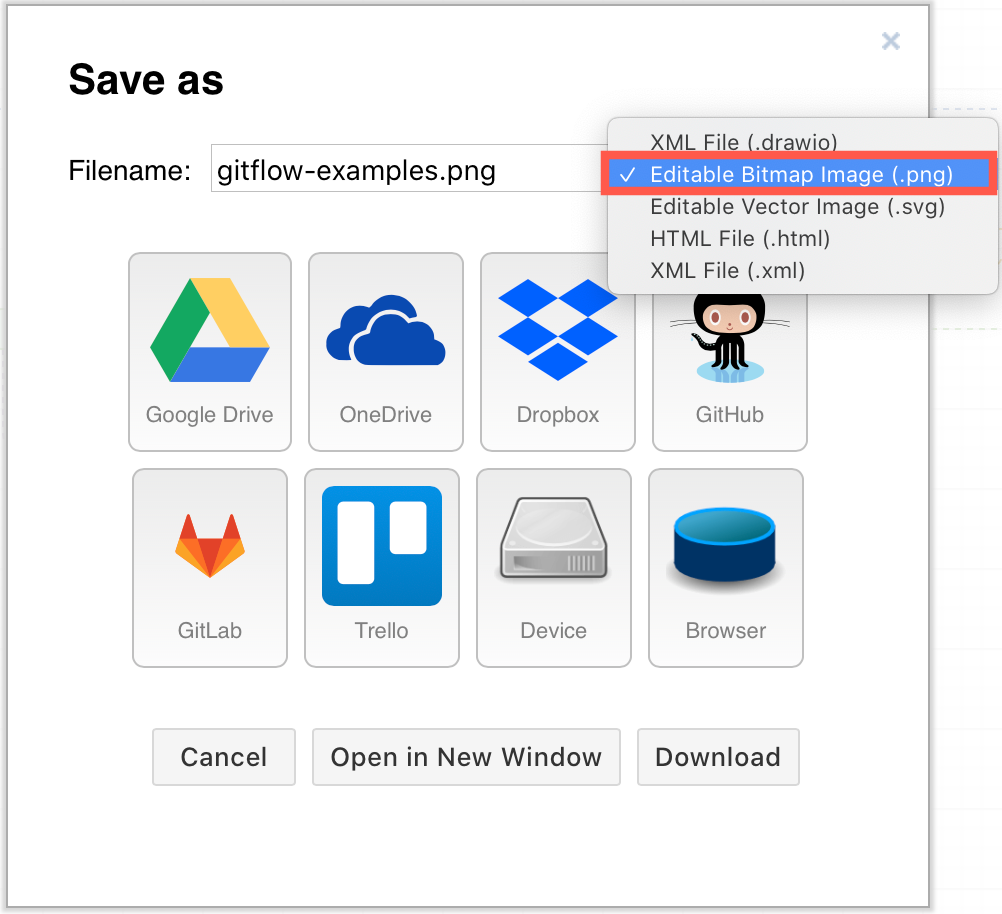 Select Editable Bitmap Image (.png) to save your diagram as a PNG image