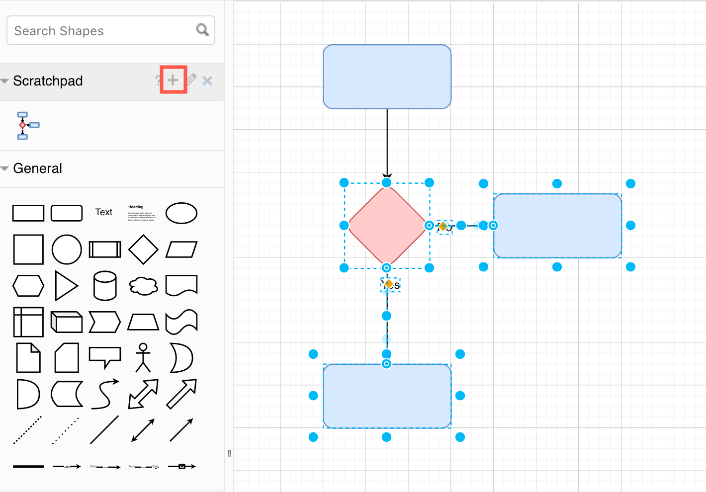 Select one or more shapes, then click the plus symbol to add it to the scratchpad in diagrams.net