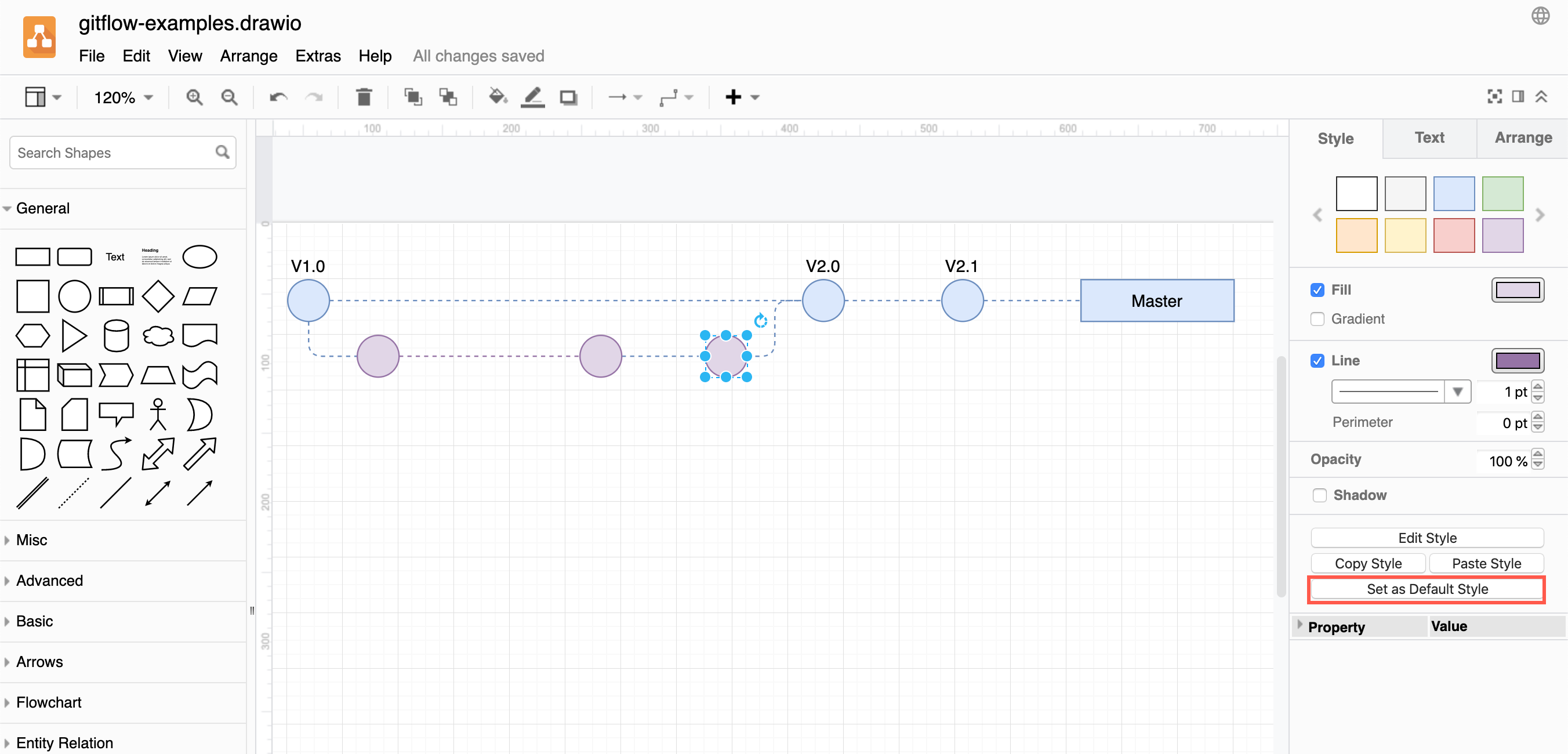 Select a shape and set its style as the default in the format panel