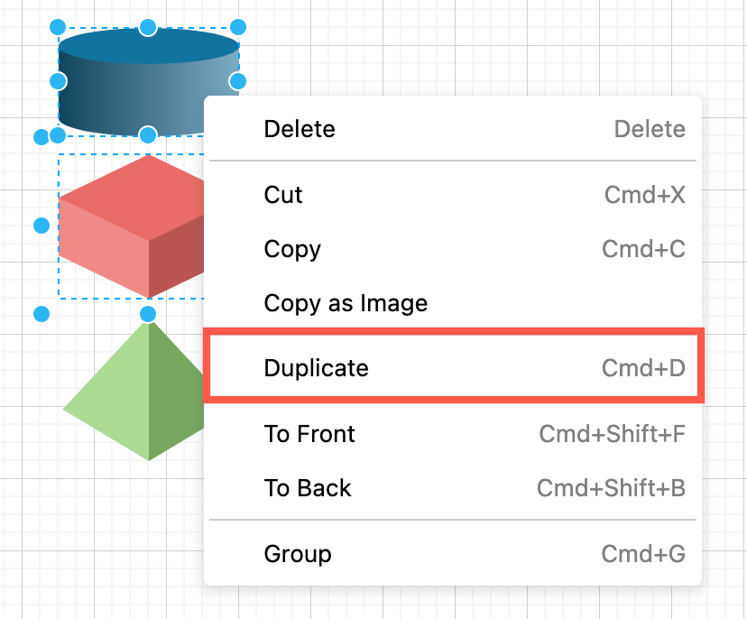 Select and right click to open the context menu and duplicate a shape in diagrams.net