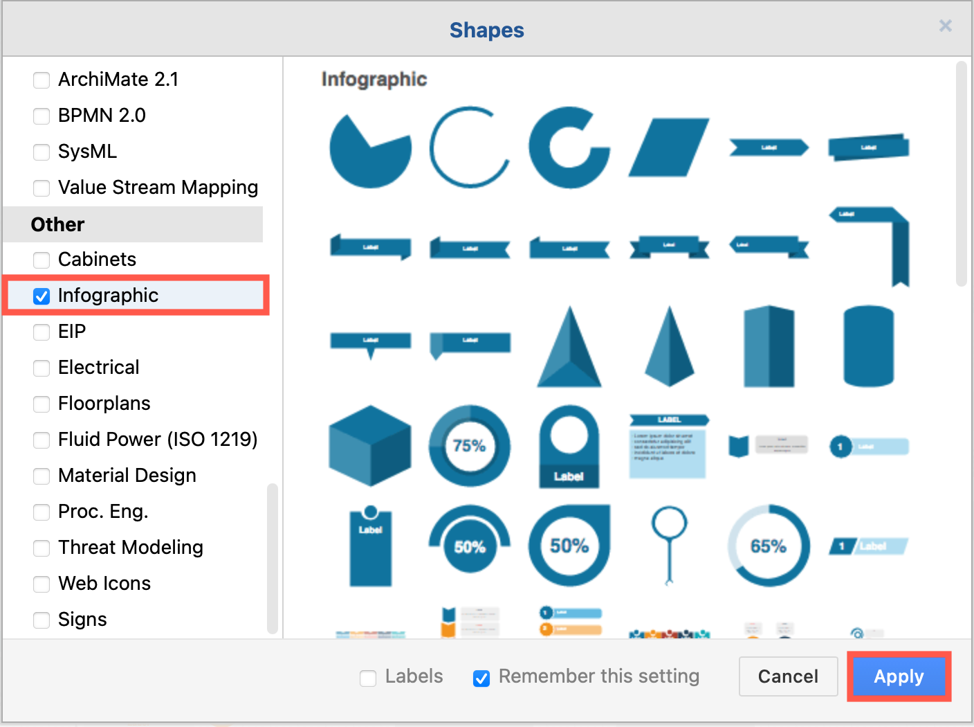 Enable the Infographic shape library to use the timeline and roadmap shapes