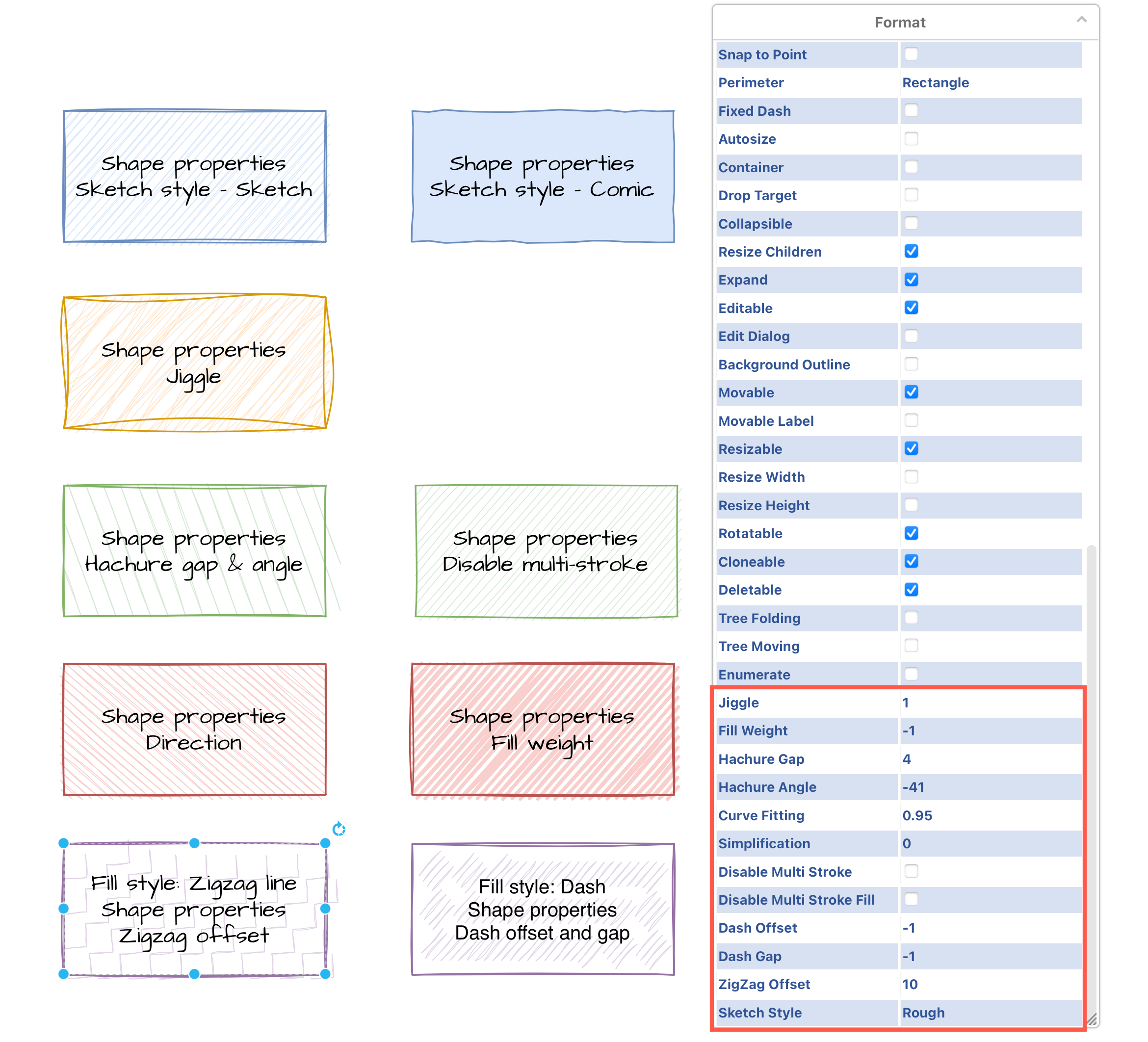 Set shape properties to change how the fill pattern appears when using the sketch rough style in diagrams.net