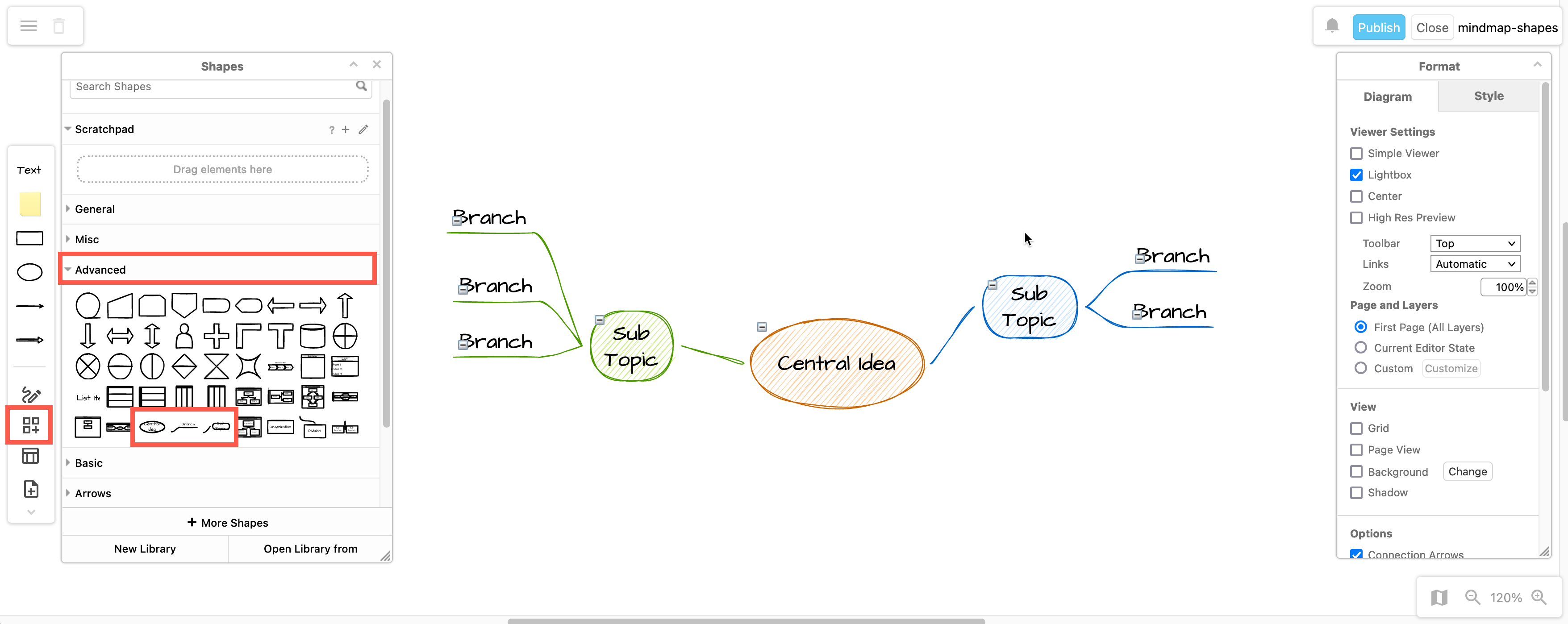 Use the Advanced shapes in the shape library to create an online whiteboard mindmap with draw.io in Confluence