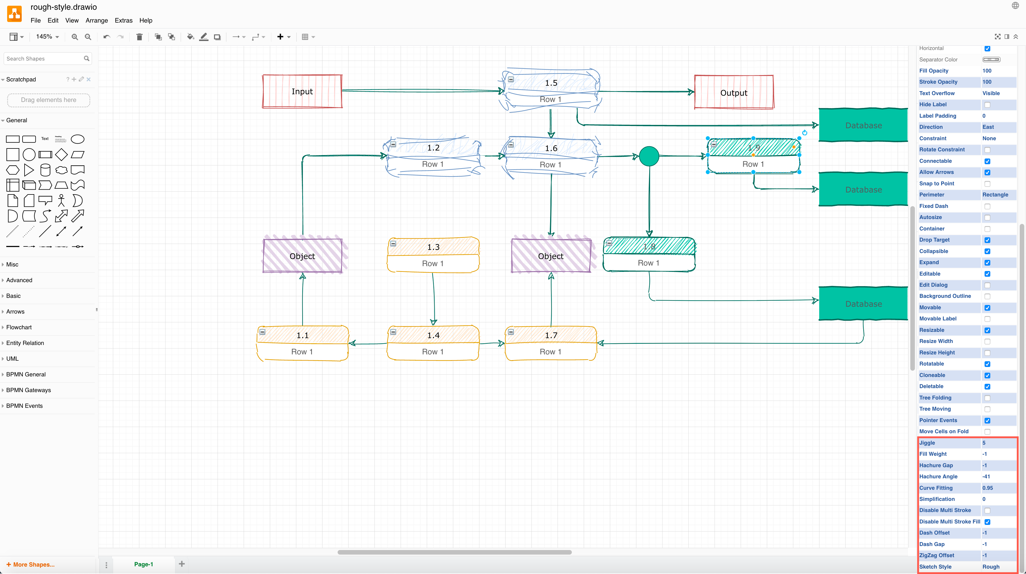 You can change many style properties to customise the rough and comic sketch styles in diagrams.net