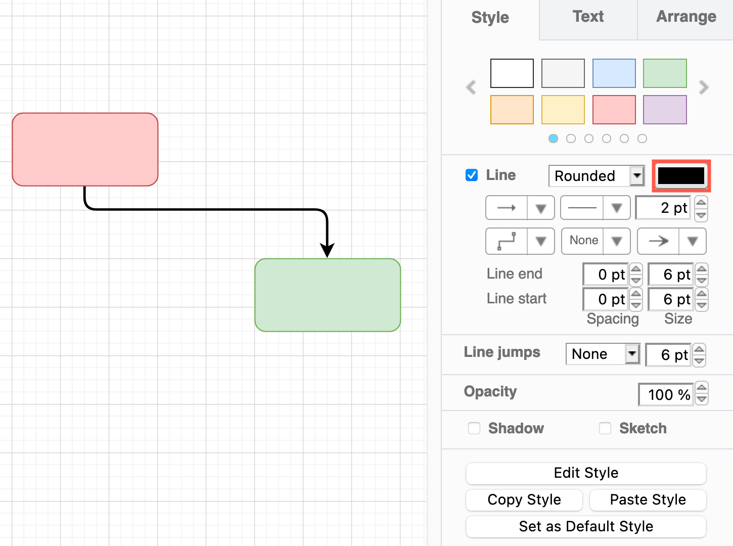 Style your connector using the options in the Style tab in the format panel on the right in diagrams.net