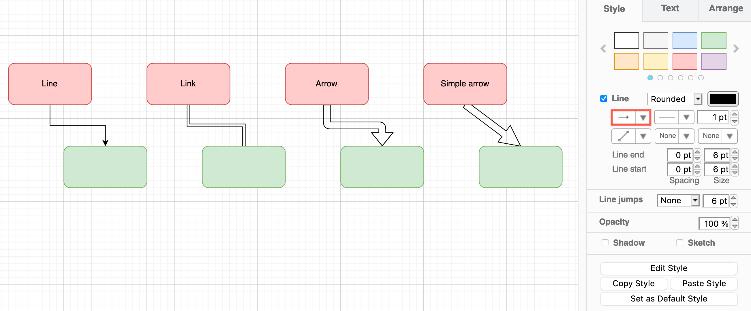 Style your connector using the options in the Style tab in the format panel on the right in diagrams.net