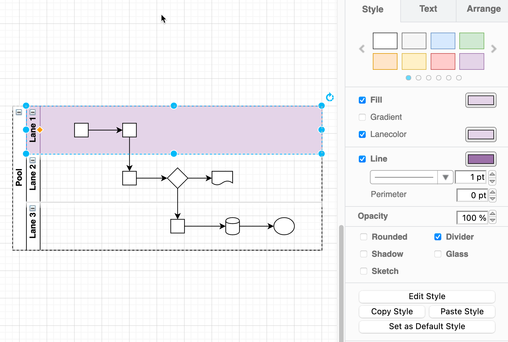 Change the fill colour of a swimlane by clicking on Lanecolor in the Style tab of the format panel