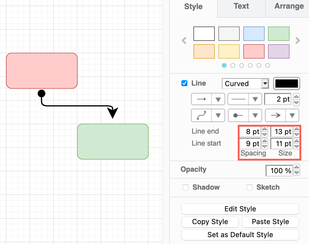 Style your connector using the options in the Style tab in the format panel on the right in diagrams.net