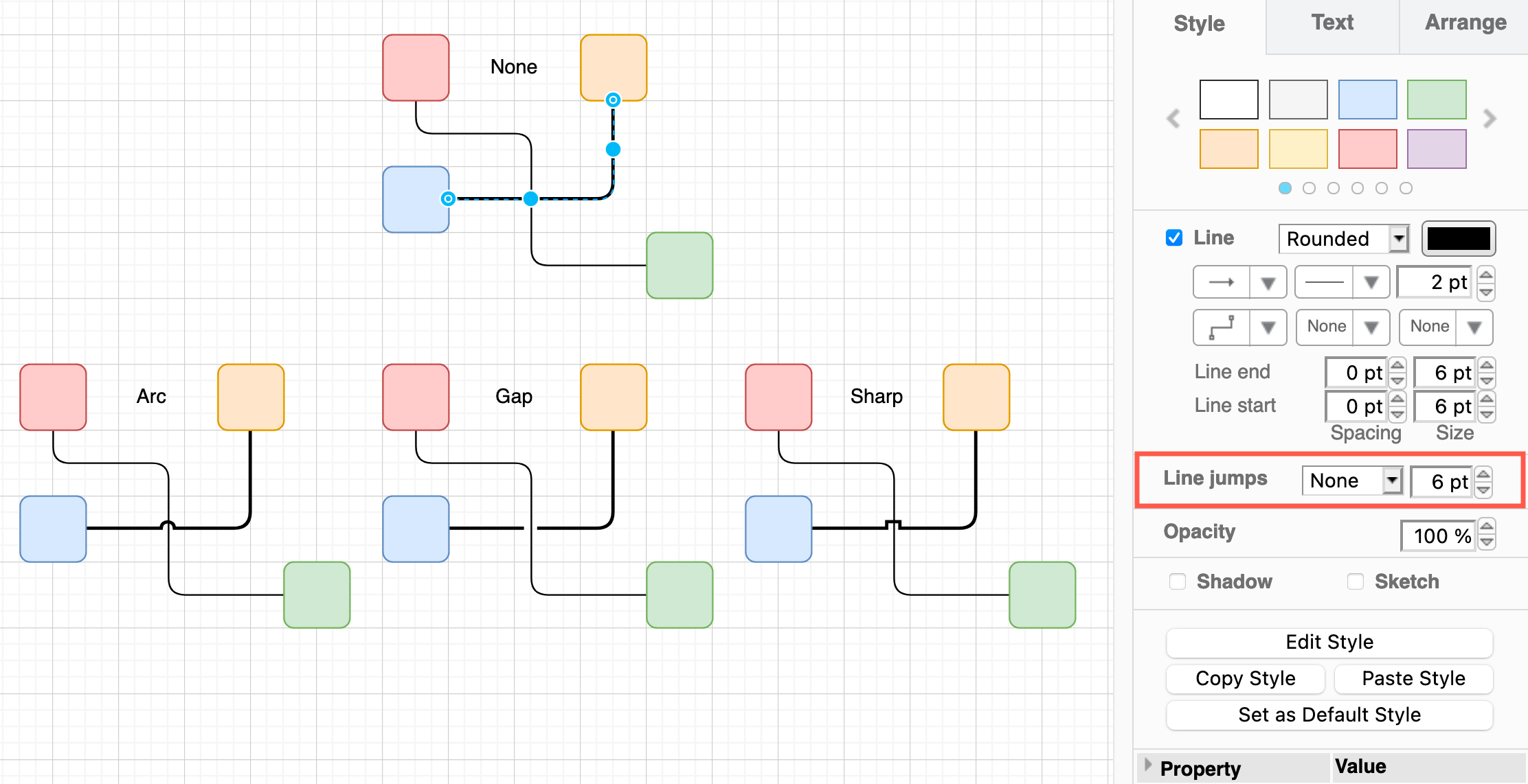 Style your connector using the options in the Style tab in the format panel on the right in diagrams.net