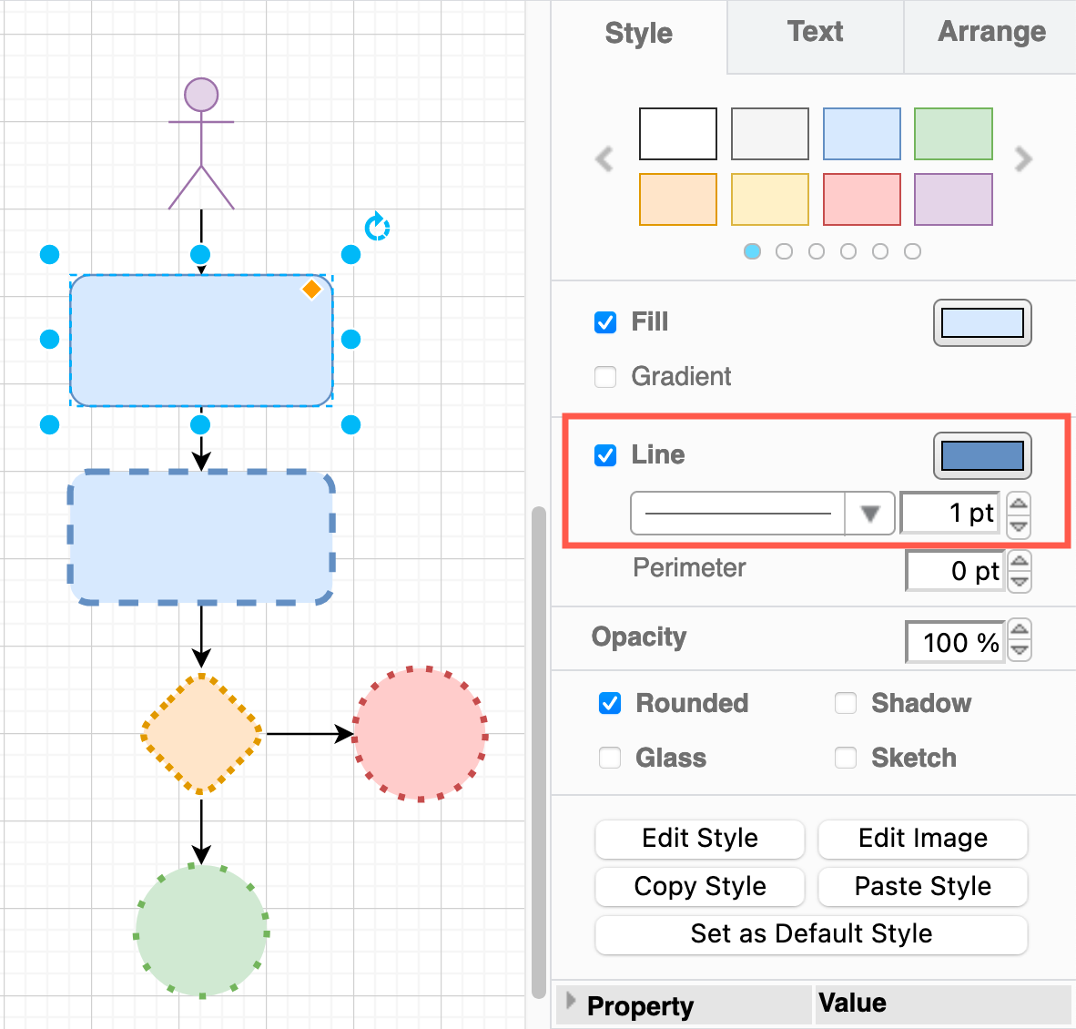 Change the style of the shape outline to use a different pattern, colour, or thickness