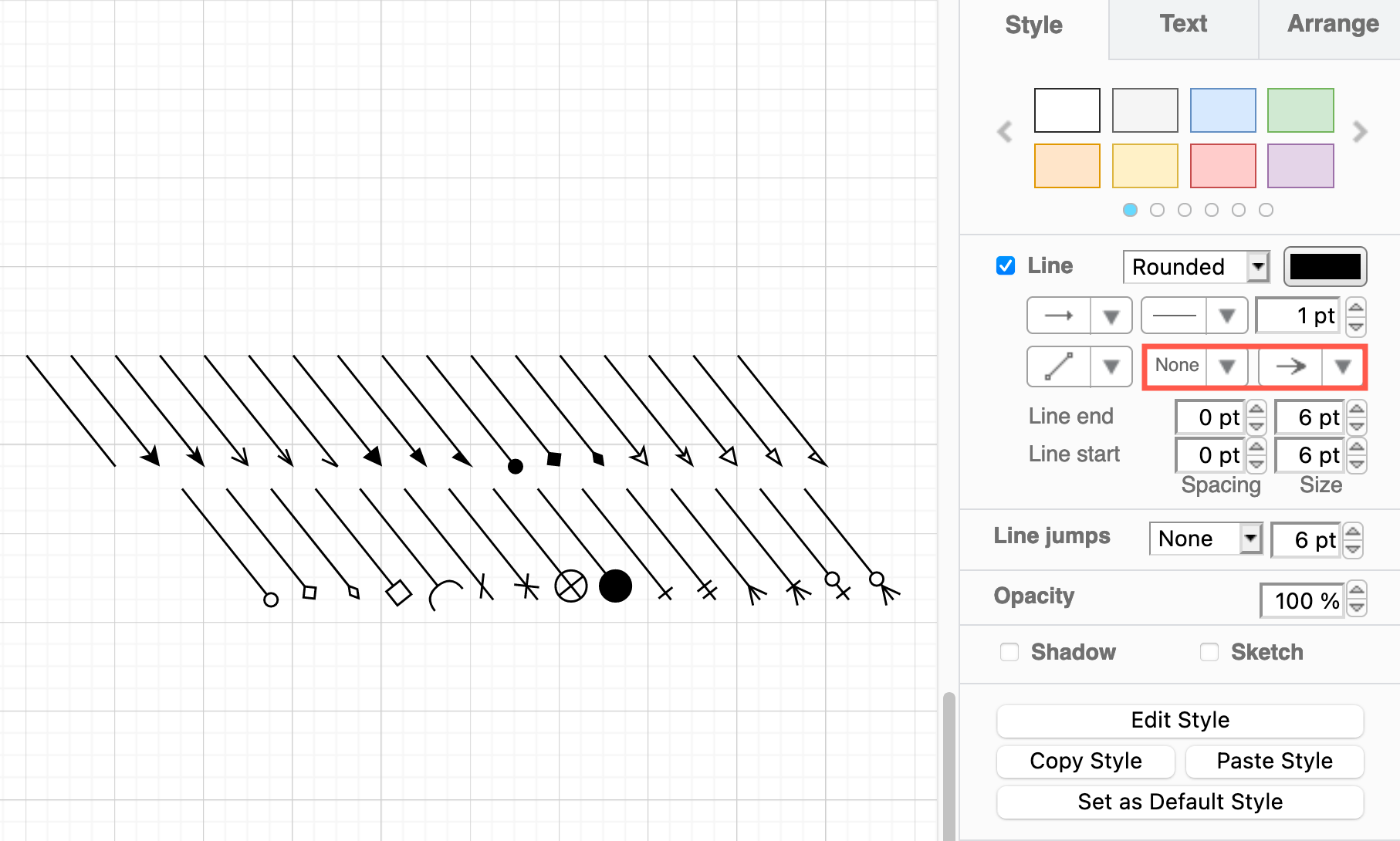 Style your connector using the options in the Style tab in the format panel on the right in diagrams.net